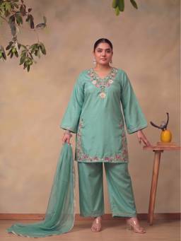 Bani Women - Green Plus Size Embroidered Farshi Kurta with Pant and Dupatta