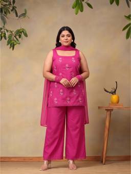 Bani Women - Pink Plus Size Sleeveless Scoop Neck Kurti with Palazzo and Dupatta