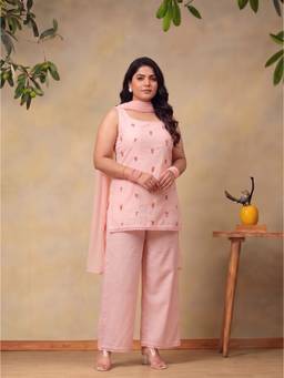 Bani Women - Peach Sleeveless Scoop Neck Kurti with Palazzo and Dupatta