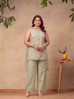 Bani Women - Green Sleeveless Scoop Neck Kurti with Palazzo and Dupatta