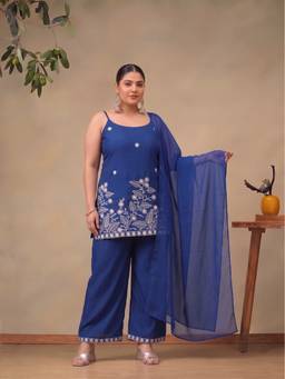 Bani Women - Blue Plus Size Strappy Kurti with Pant and Dupatta