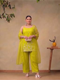 Bani Women - Yellow Plus Size Strappy Kurti with Pant and Dupatta