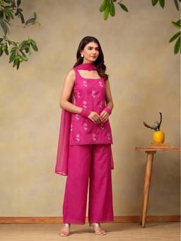 Bani Women - Pink Sleeveless Scoop Neck Kurti with Palazzo and Dupatta