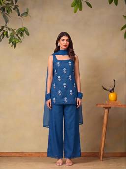 Bani Women - Blue Sleeveless Scoop Neck Kurti with Palazzo and Dupatta