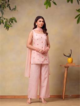 Bani Women - Peach Sleeveless Scoop Neck Kurti with Palazzo and Dupatta