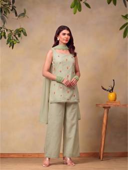 Bani Women - Green Sleeveless Scoop Neck Kurti with Palazzo and Dupatta