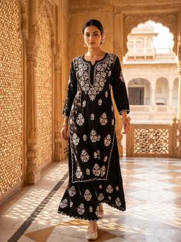 Khaka-The Chikankari Heritage - Black Women Lucknowi Designer Cutwork Rayon Kurta with Palazzo