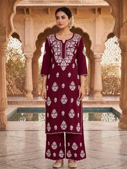 Khaka-The Chikankari Heritage - Maroon Women Designer Rayon Kurta with Palazzo