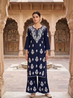 Khaka-The Chikankari Heritage - Navy Blue Women Designer Rayon Kurta with Palazzo