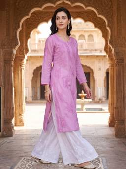 Khaka-The Chikankari Heritage - Pink Women Lucknowi Designer Cutwork Rayon Kurta with Palazzo