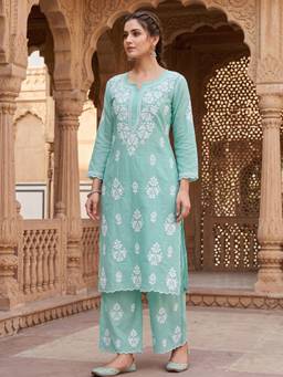 Khaka-The Chikankari Heritage - Green Women Lucknowi Designer Cutwork Rayon Kurta with Palazzo