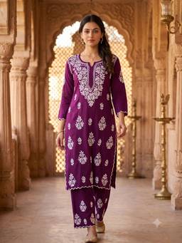 Khaka-The Chikankari Heritage - Wine Women Lucknowi Designer Cutwork Rayon Kurta with Palazzo