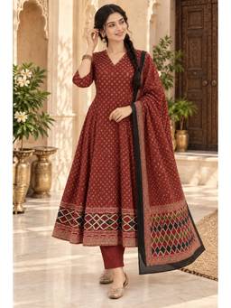 Namastika - Women Maroon Printed Anarkali Kurta with Trousers and Dupatta