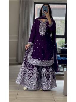 THE52 - Purple Chinon Fabric Embroidery Work Kurta with Sharara and Dupatta