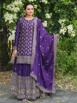 THE52 - Purple Chinon Fabric Embroidery Work Kurta with Sharara and Dupatta
