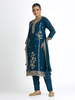 Women Plus - Blue Embroidered Viscose Chanderi Silk Kurta with Pant and Dupatta