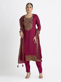 Women Plus - Magenta Embroidered Viscose Silk Kurta with Pant and Dupatta