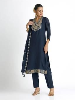 Women Plus - Teal Applique Tonal Viscose Silk Kurta with Pant and Dupatta