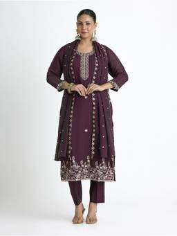 Women Plus - Wine Tonal Viscose Mul Chanderi Silk Kurta with Pant and Dupatta