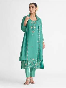 Women Plus - Sea Green Viscose Mul Chanderi Silk Kurta with Pant and Dupatta