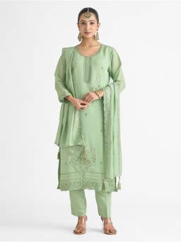 Women Plus - Green Viscose Mul Chanderi Silk Kurta with Pant and Dupatta
