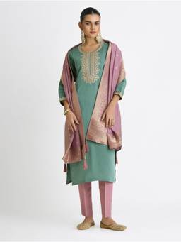 Women Plus - Sea Green Embroidered Viscose Silk Kurta with Pant and Dupatta