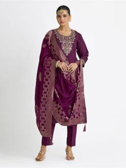 Women Plus - Dark Purple Embroidered Viscose Silk Kurta with Pant and Dupatta