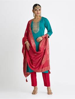 Women Plus - Blue Embroidered Viscose Silk Kurta with Pant and Dupatta