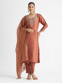 Women Plus - Orange Embroidered Viscose Tissue Silk Kurta with Pant and Dupatta