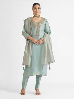 Women Plus - Blue Embroidered Viscose Tissue Silk Kurta with Pant and Dupatta