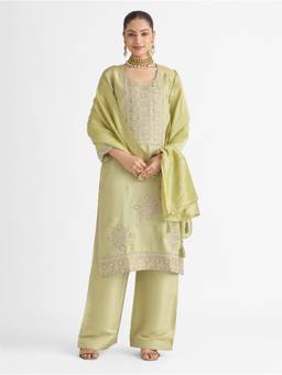 Women Plus - Green Embroidered Viscose Tissue Silk Kurta with Pant and Dupatta