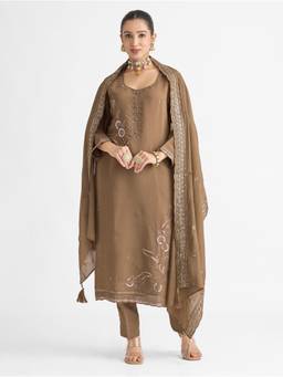 Women Plus - Mocha Brown Viscose Mul Chanderi Silk Kurta with Pant and Dupatta