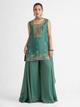Women Plus - Green Viscose Mul Shimmer Silk Kurta with Sharara and Dupatta