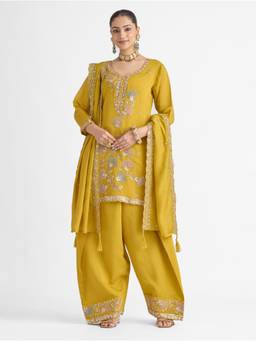 Women Plus - Yellow Embroidered Viscose Silk Kurta with Salwar and Dupatta