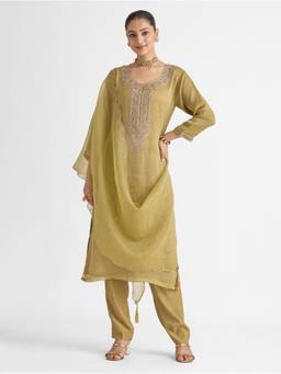 Women Plus - Green Embroidered Viscose Salsa Silk Kurta with Pant and Dupatta
