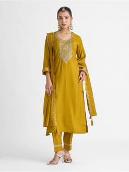 Women Plus - Yellow Embroidered Viscose Silk Kurta with Pant and Dupatta
