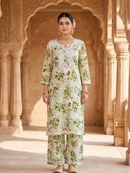Khaka-The Chikankari Heritage - Olive Women's Chikankari Mul Printed Kurta with Palazzo