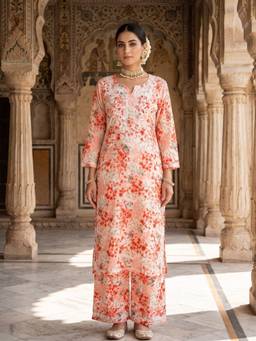 Khaka-The Chikankari Heritage - Orange Women's Chikankari Mul Printed Kurta with Palazzo