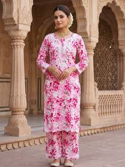 Khaka-The Chikankari Heritage - Pink Women's Chikankari Mul Printed Kurta with Palazzo