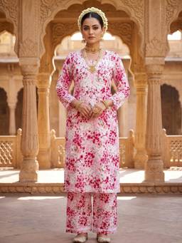 Khaka-The Chikankari Heritage - Magenta Women's Chikankari Mul Printed Kurta with Palazzo