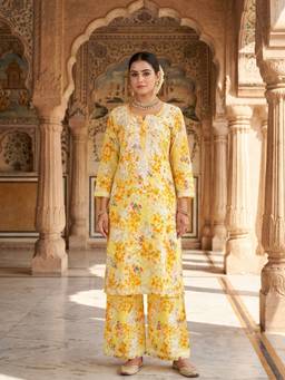 Khaka-The Chikankari Heritage - Yellow Women's Chikankari Mul Printed Kurta with Palazzo