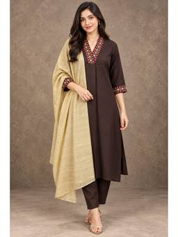 Rajnandini - Brown Rajnandini Cotton Blend Solid Kurta with Pant and Dupatta