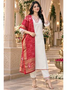 Rajnandini - White Rajnandini Cotton Blend Solid Kurta with Pant and Dupatta