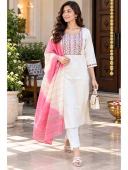 Rajnandini - White Rajnandini Cotton Blend Embroidered Kurta with Pant and Dupatta