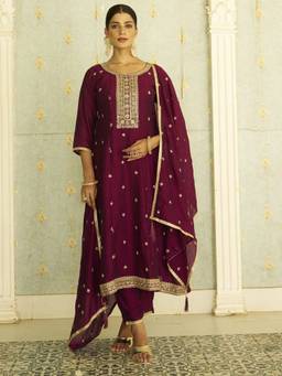 VredeVogel - Wine Silk Blend Embroidered Anarkali Kurta with Pant and Dupatta
