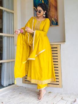 VredeVogel - Yellow Silk Blend Embroidered Anarkali Kurta with Pant and Dupatta