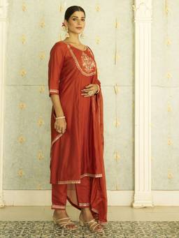 VredeVogel - Rust Silk Blend Embroidered Anarkali Kurta with Pant and Dupatta