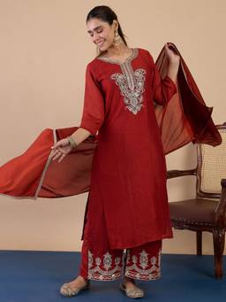 VredeVogel - Red Silk Blend Embroidered Straight Kurta with Pant and Dupatta