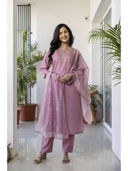 VredeVogel - Lavender Silk Blend Embroidered Straight Kurta with Pant and Dupatta