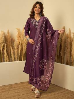 VredeVogel - Wine Silk Blend Embroidered Straight Kurta with Pant and Dupatta